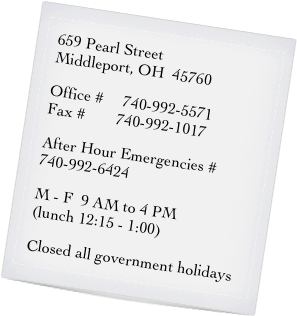 659 Pearl Street  Middleport, OH  45760
Office #     740-992-5571         Fax #        740-992-1017
After Hour Emergencies #    740-992-6424
M - F  9 AM to 4 PM   (lunch 12:15 - 1:00)
Closed all government holidays