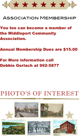 ￼

Association Membership

You too can become a member of the Middleport Community Association.

Annual Membership Dues are $15.00

For More information call 
Debbie Gerlach at 992-5877


Photo’s of Interest
￼
￼￼￼￼
￼￼￼